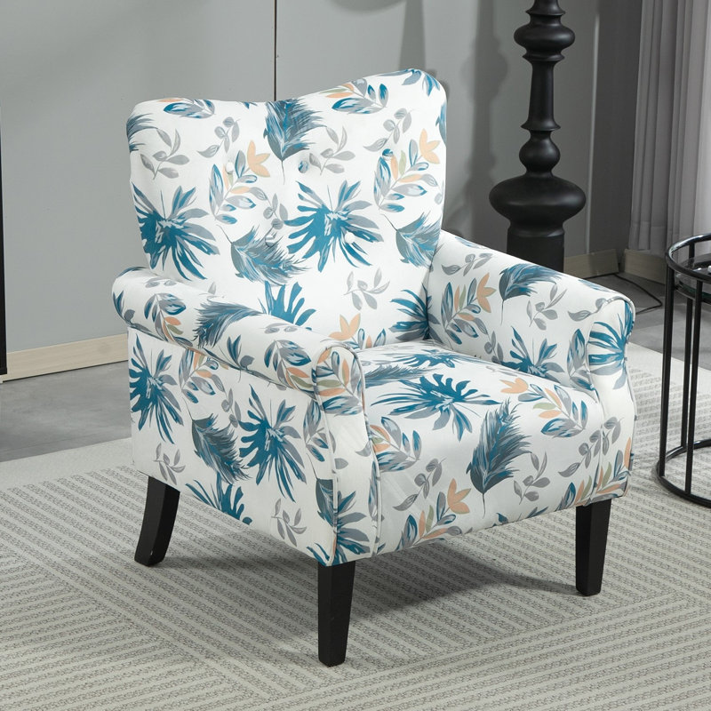 Fauteuil rembourré moderne avec pieds en bois et dossier à oreilles, Polyester bleu