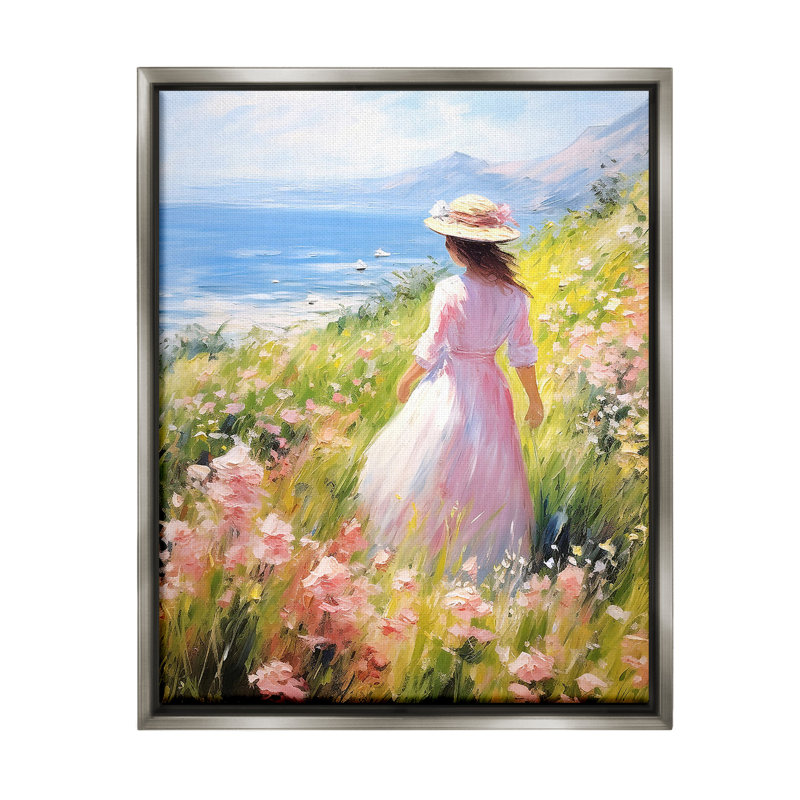 «Woman & Scenic Beach Floater Frame» par RB sur, Cadre flottant gris lustré, H 21 po x l 17 po