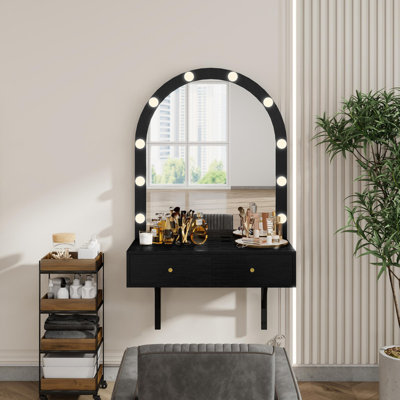 Floating Makeup Vanity Desk with Mirror & 3-Color Lights, Wall-Mounted Dressing Table with Power Outlet, Compact Vanity with Large Storage for Bedroom, Bathroom, Small Spaces