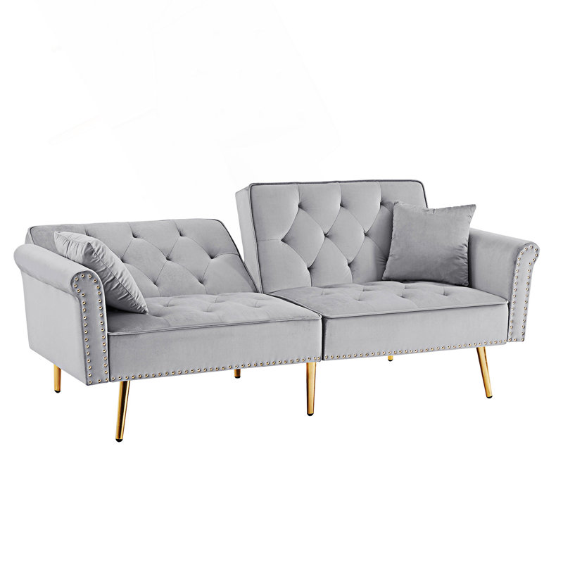 Comfy Couch, canapé capitonné avec 2 coussins et garniture cloutée, Beige, 29.5' H X 69.6' W X 33.4' D