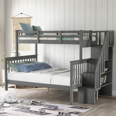 Stairway Twin-Over-Full Bunk Bed With Storage And Guard Rail For Bedroom, Gray Color(OLD SKU :LT000019AAE)