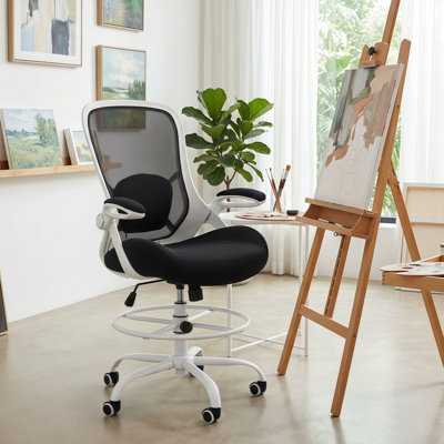 Ergonomic Drafting Chair With Adjustable Lumbar Support, Foot Ring And Flip-up Arms, Mesh Counter Height Office Chair For Home & Office