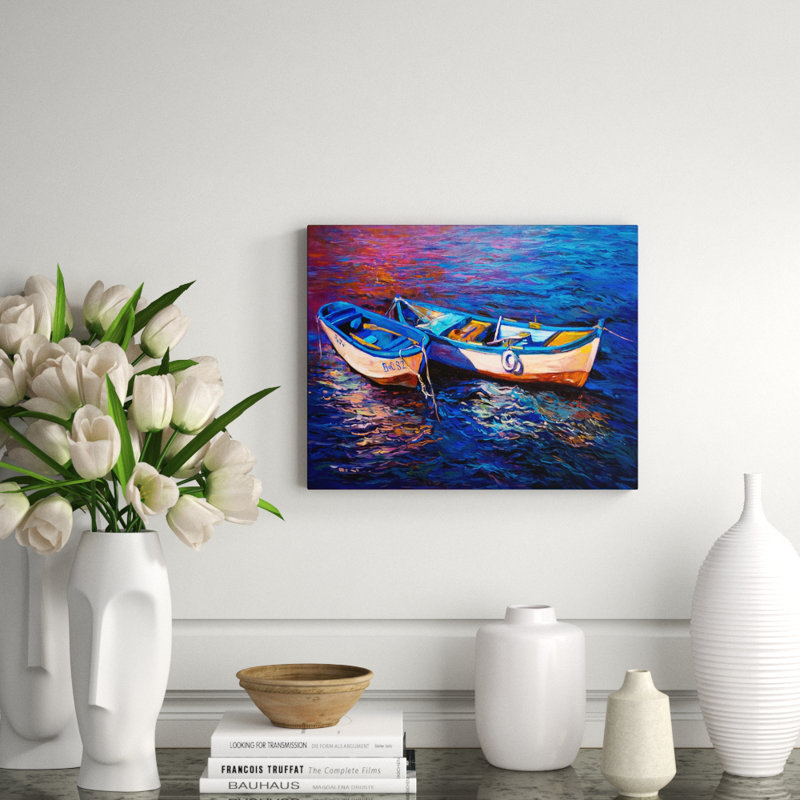Coucher de soleil sur les bateaux - peinture, H 16 po x l 20 po x P 1,5 po