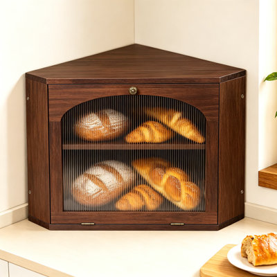 Wood Corner Bread Box for Kitchen Countertop, 2-Tier Large Capacity Bread Storage Container with Adjustable Shelf, Vintage Rustic Breadbox with Arched Fluted Window and Magnetic Lock