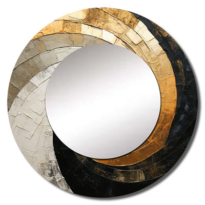 Beige Spiral Poteries I - Abstract Spirals Wall Mirror, Modern Round Decorative Mirror, Printed Metal Art