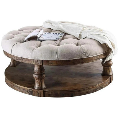 Rustic Style Round Wooden Coffee Table Antique Oak Finish Supported Turned Legs And Open Shelf (Only Including Table)