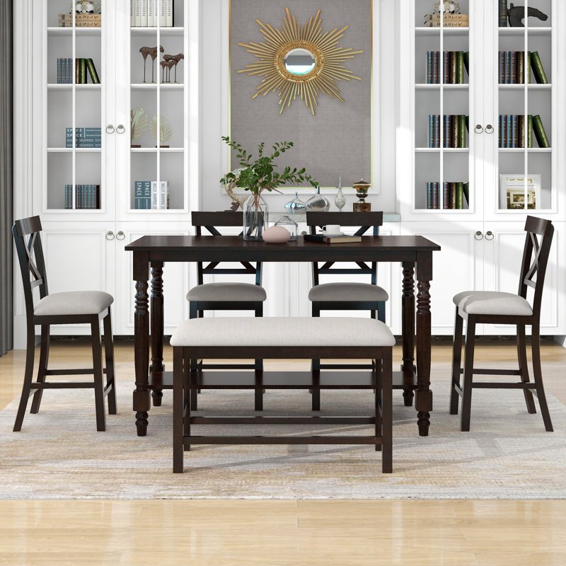 Ensemble de 6 tables de salle à manger à hauteur de comptoir avec 4 chaises et un banc pour la salle à manger, Espresso