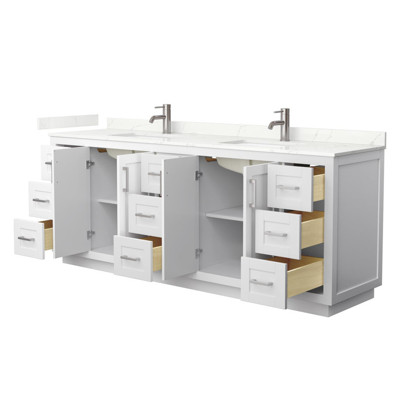 Miranda 84" Freestanding Double Bathroom Vanity with Quartz Top, Giotto Quartz, Brushed Nickel, White