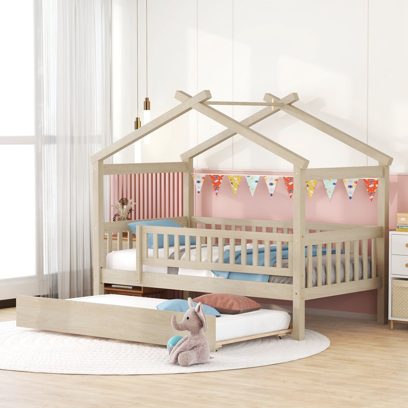 Lit simple en bois avec lit gigogne simple, Naturel