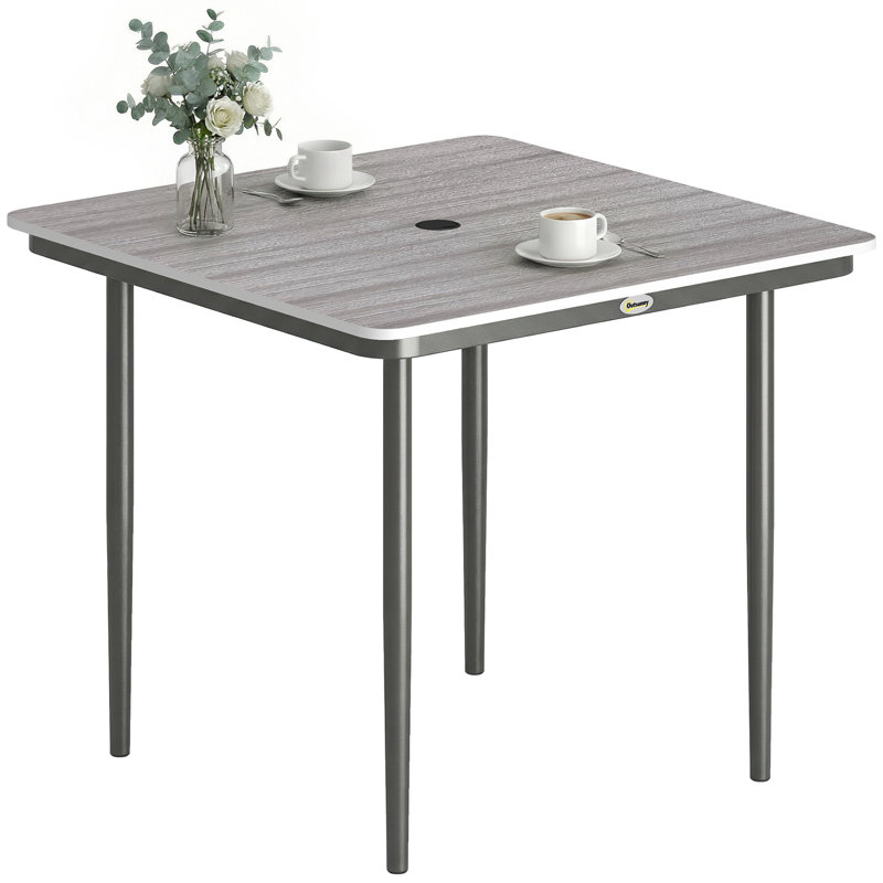 Square Wood Metal Outdoor Dining Table With Umbrella Hole , 85cm W 85cm D, Light Grey