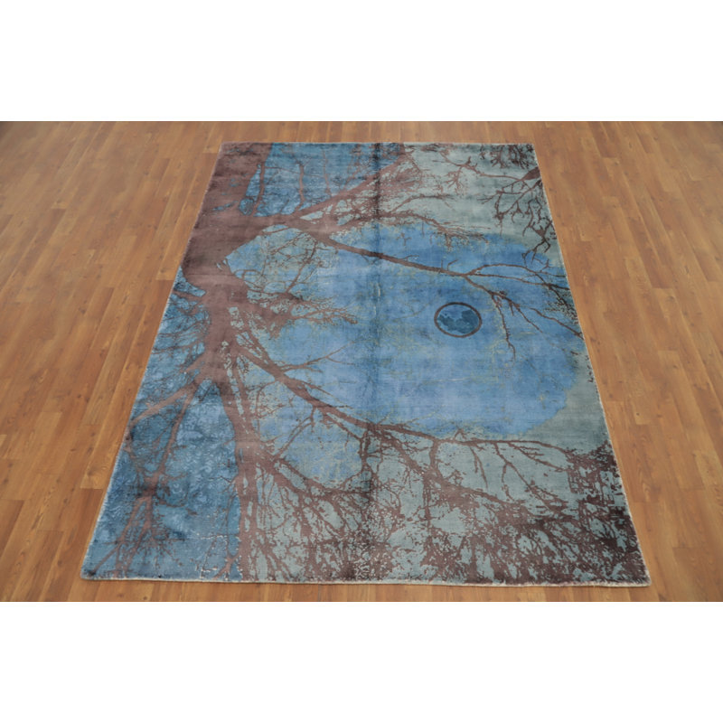 Tapis élégant silhouette d'arbre avec charme bleu doux 6 x 8