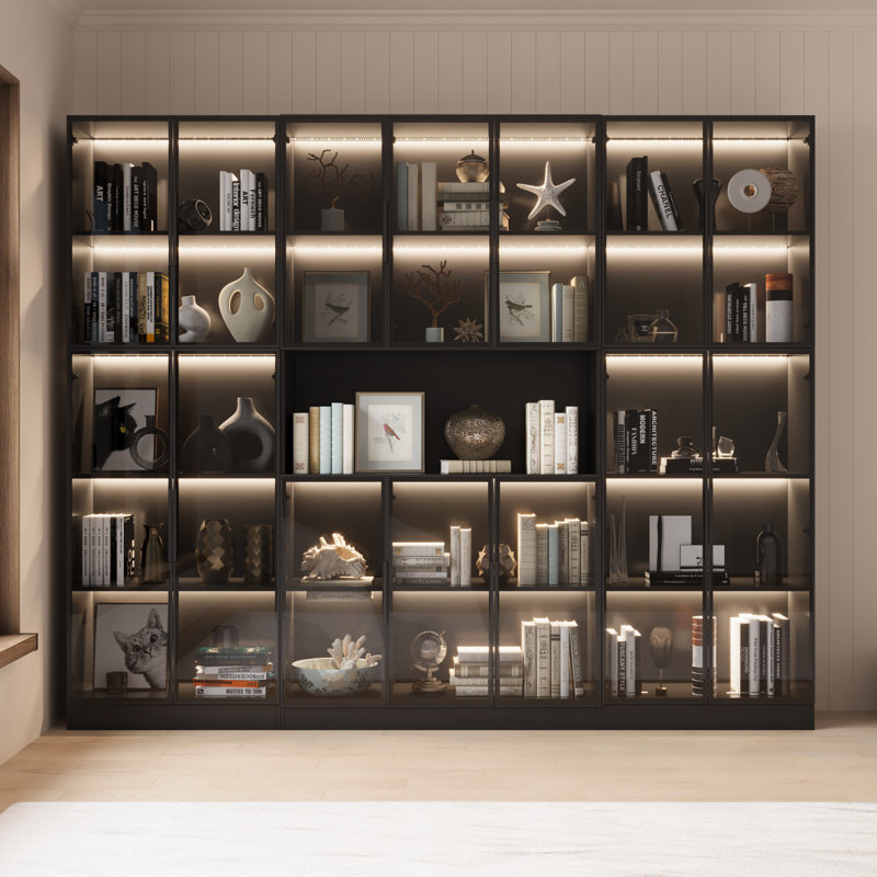 Diaplay Case With Glass Doors And Led Lights, Combination Storage Cabinet With 19 Shelves, Modern Glass Display Cabinei Set Of 3