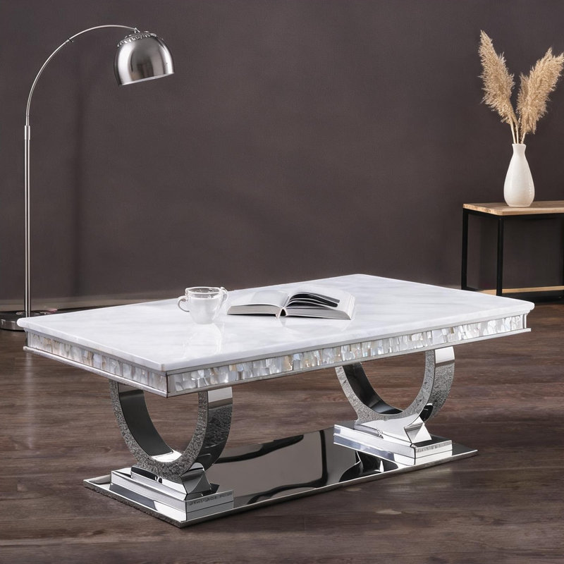 Table de salon rectangulaire moderne avec plateau en faux marbre et cadre argenté en miroir, table de salon rectangulaire de 51 pouces de largeur