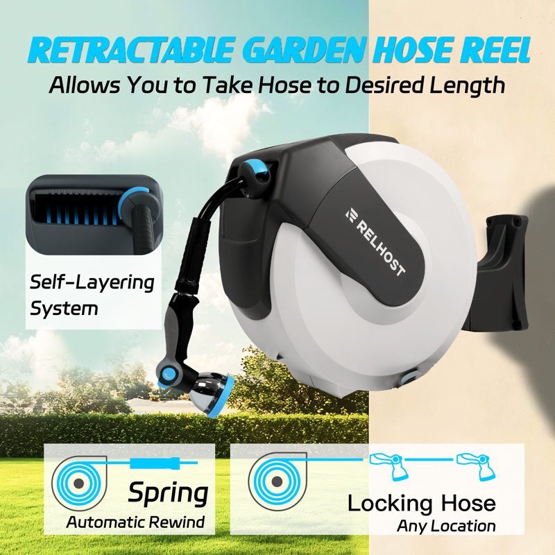 Enrouleur de tuyau d'eau rétractable automatique à ressort USA relhost blanc et gris: 65 pieds x 5/8 pouce RW22-20S-65ft (5/8 13,5 * 18,2)