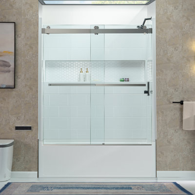 WOODBRIDGE 60" x 32" Alcove Soaking Bathtub & 4-Piece Direct-to-Stud Surround with Right Drain & 57.5–60" Frameless Double Sliding Tub Door with Soft-Close, Clear Tempered Glass, Brushed Nickel