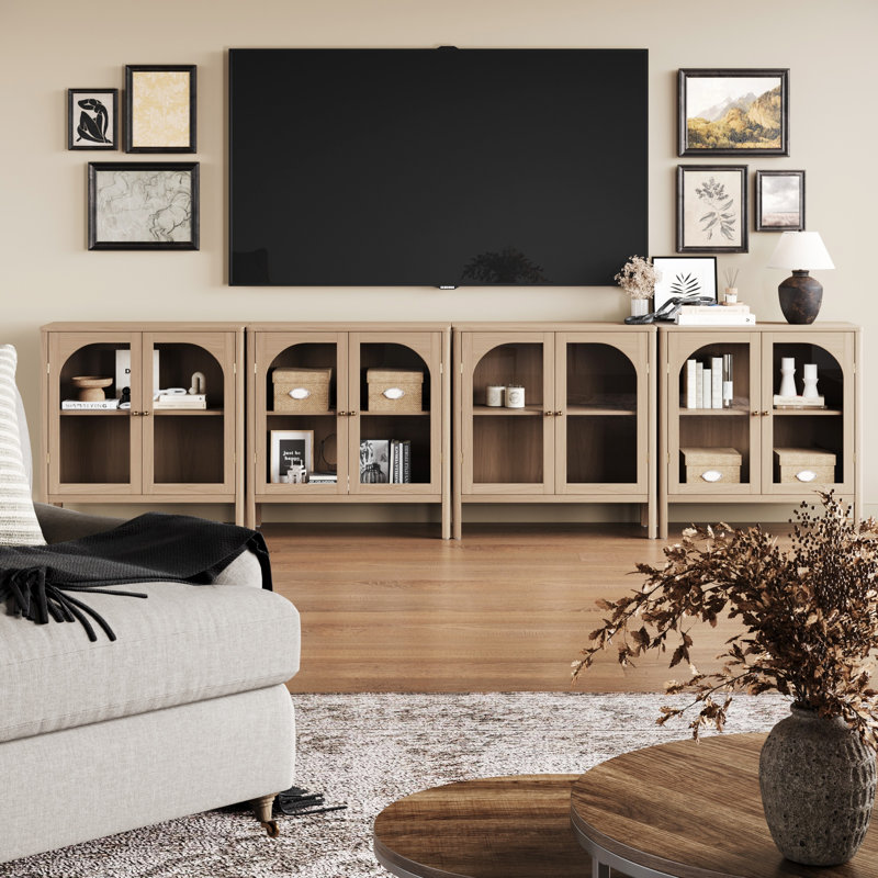 Glass TV Stand, Raw Oak