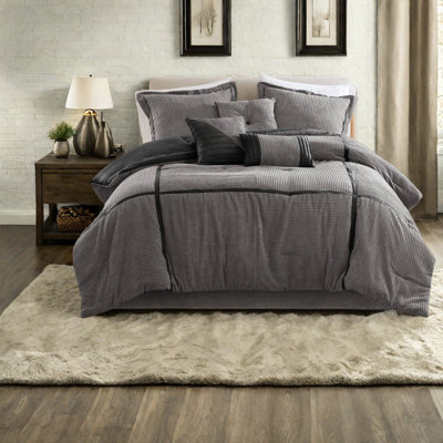 Luxurious 7-piece Micro Corduroy Bedding Set, Grey Cal King, Modern Elegance For Home