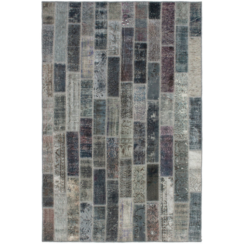 Tapis unique en laine noué à la main style patchwork des années 2010 de 5 pi 5 po x 8 pi 4 po gris Andrenique