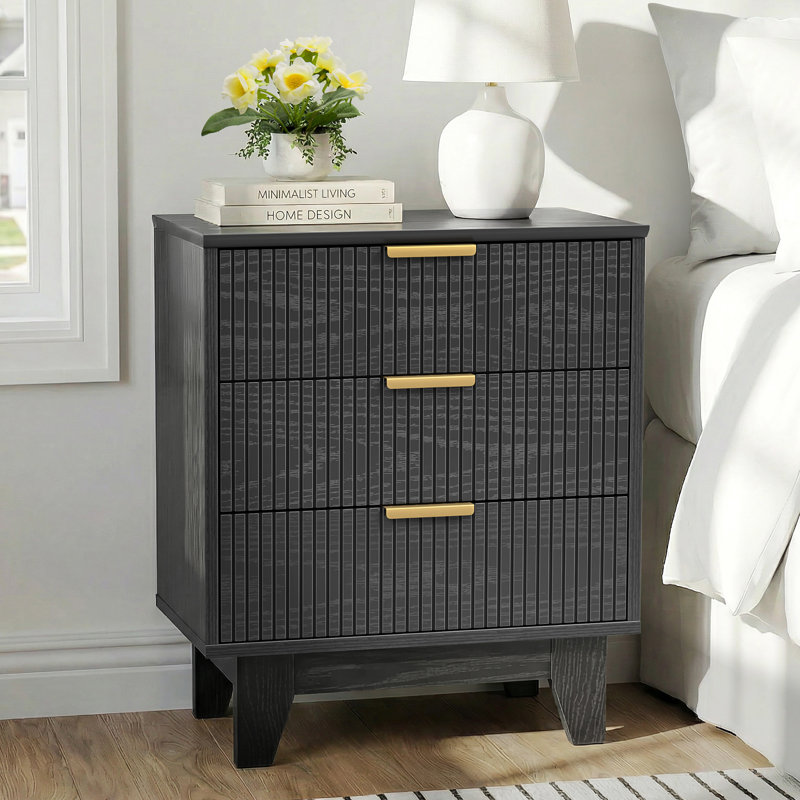 Candelario Oak Nightstand With 3 Drawers Bedside Table For Apt, Black