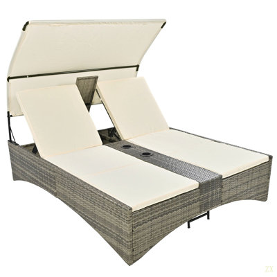 Patio Daybed Outdoor Daybed Outdoor Rattan Sun Lounger With Shelter Roof With Adjustable Backrest, Storage Box And 2 Cup Holders For Patio, Balcony, Poolside