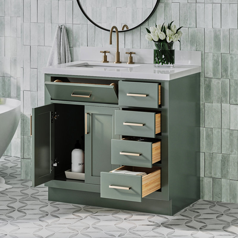 Meuble-lavabo simple en bois massif 36 po Tidworth avec plateau en quartz 1,5 po, Gauche, Forme rectangulaire, Vert rétro