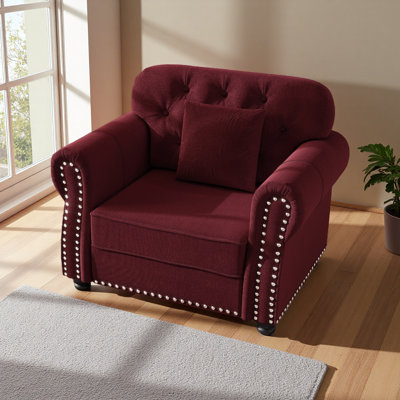 Canapé Chesterfield de 41,3 po en velours avec garniture cloutée et accoudoirs roulés, canapé de style Mid-Century moderne capitonné, comprenant 1 oreiller