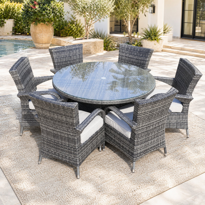 6 - Person Wicker Patio Dining Set with Round Table , Cushions Included, Gray, Gray