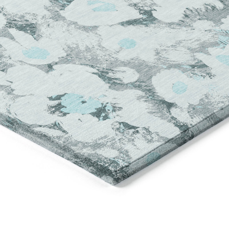Tapis extérieur lavable antidérapant floral bleu sarcelle 10 pi x 14 pi
