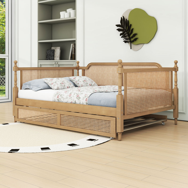 Wood Daybed with Trundle and Rattan Frame, Full/Double, Antique Walnut