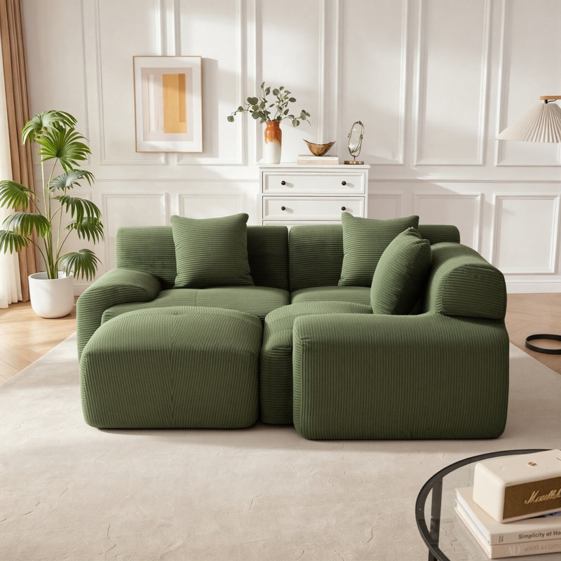 Canapé-lit modulaire convertible en velours côtelé 107 po avec repose-pieds 107 po Modern, 107" W, Vert