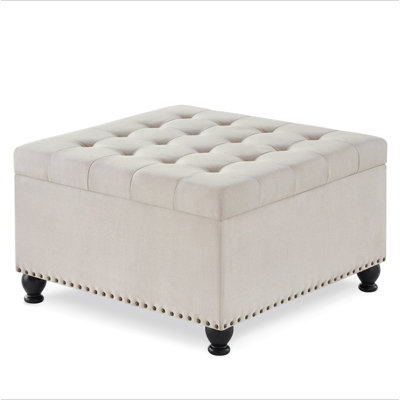 Large Square Storage Ottoman With Wooden Legs, Upholstered Button Tufted Coffee Table With Nail Trims For Living Space