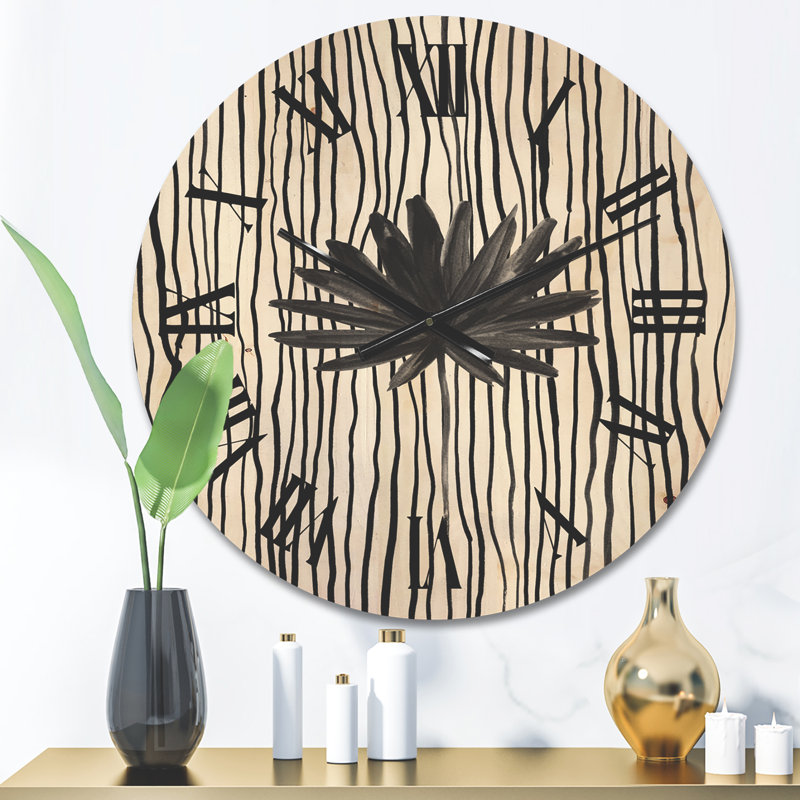 Horloge murale à feuilles tropicales sur bois rayé III, Moyenne