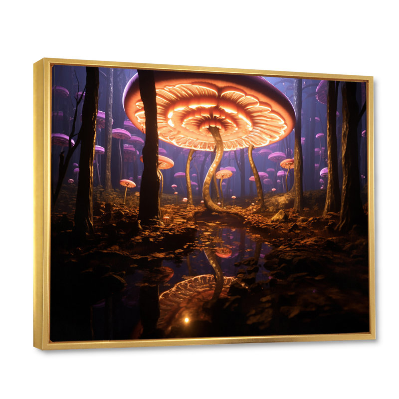 «Mauve Magical Mushroom in Enchanted Forest I», reproduction sur toile, Cadre flottant doré, 30" H x 40" W