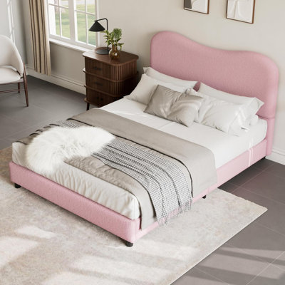 Queen Size Platform Bed Frame, Low Profile Sturdy Bed with Upholstered Headboard Rounded Corners Design, Heavy Duty, Noise Free, Wooden Slats, No Box Spring Needed-Pink