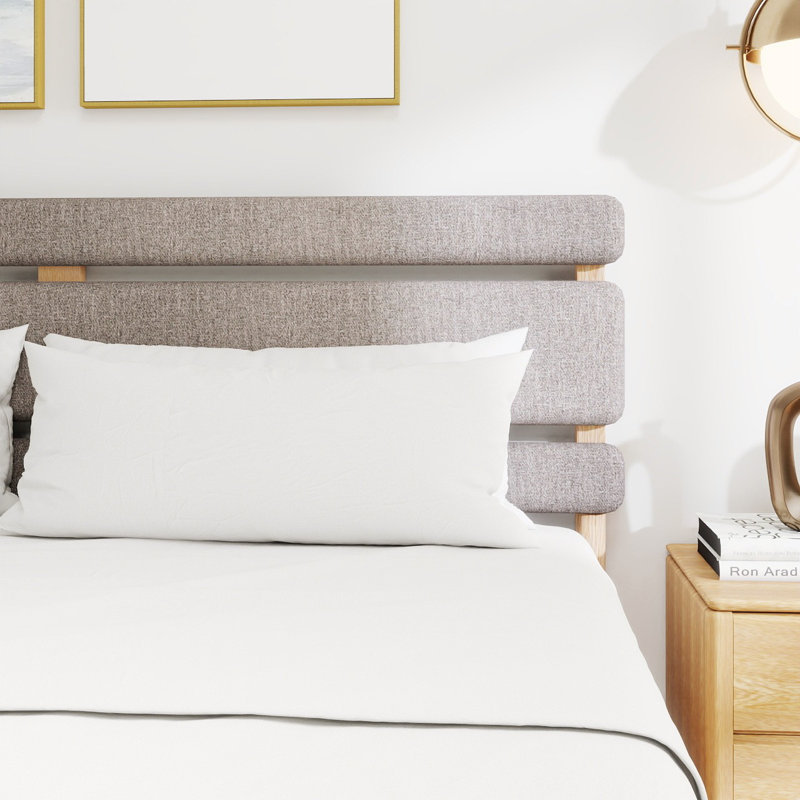 Lamberson Natural Oak Solid Wood Platform King Bed Frame With Light Grey Fabric Headboard, 1200lbs Capacity, 15 Year Warranty, Easy To Assembly & Clean