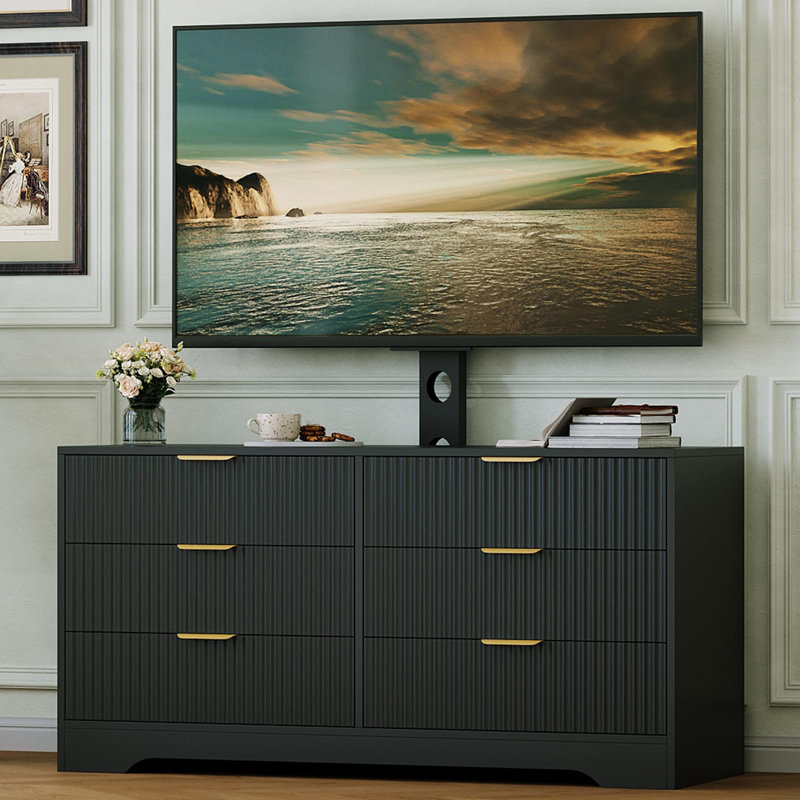 Meuble télé avec support pour téléviseur de 32 à 85 po, meuble télé moderne avec 6 tiroirs et support réglable, Black