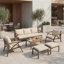 Ensemble de meubles de patio 6 pièces avec structure en acier, table basse en bois d'acacia et coussins beiges pour la cour et le jardin