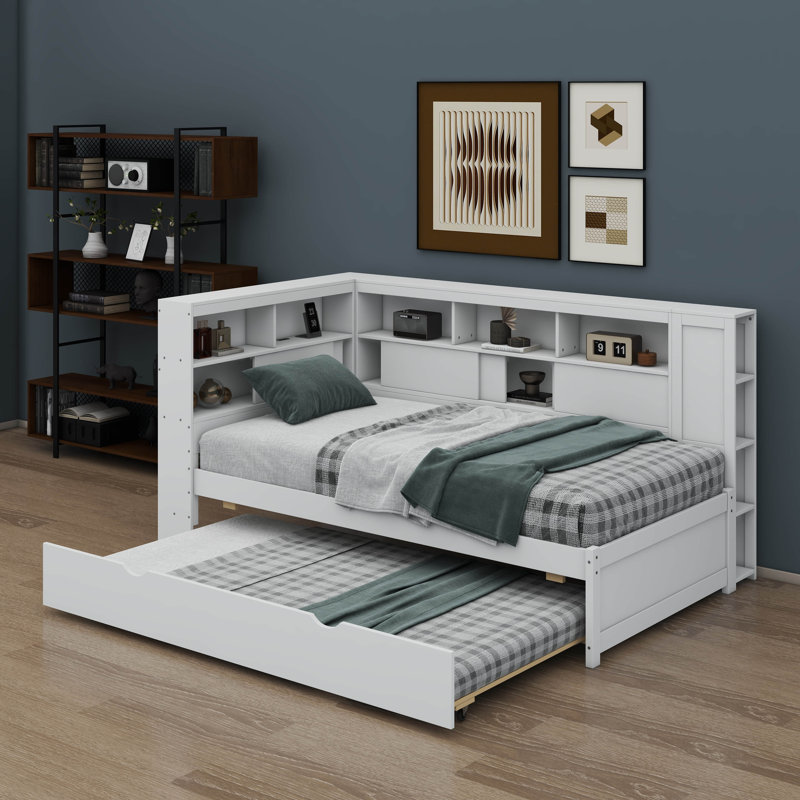 Lit de jour simple en bois multifonctionnel avec tablettes, stations de charge USB et lit gigogne extensible, Blanc