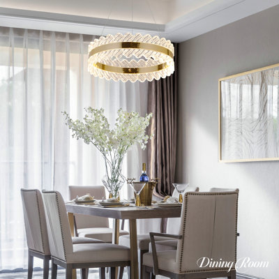 Suspension moderne dorée à double anneau DEL avec abat-jour ondulé en acrylique transparent ; 34 W avec gradation tricolore ; convient aux salles à manger, salons, îlots de cuisine et chambres.