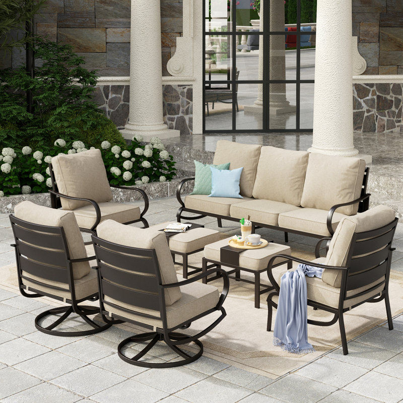 Tapasi 9 - Person Patio Conversation Set with Swivel Lounge Chairs & Optional Firepit Table, Beige, No