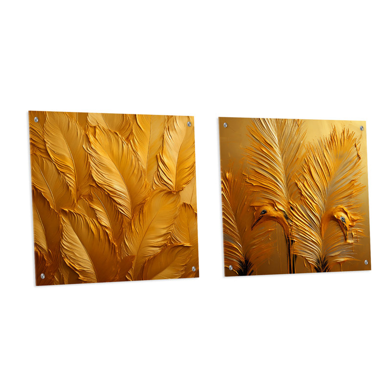 Golden Feathers - ensemble de 2 verres muraux en acrylique, H 16 po x l 33 po