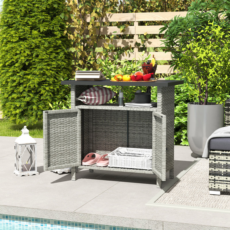 Wicker Storage Cabinet, Outdoor Buffet Cabinet, Grey, Gray
