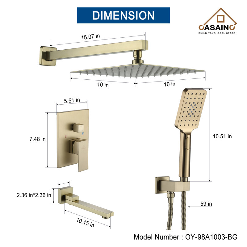 Robinet de baignoire et de douche à pression équilibrée avec valve brute, garniture et inverseur, Or brossé