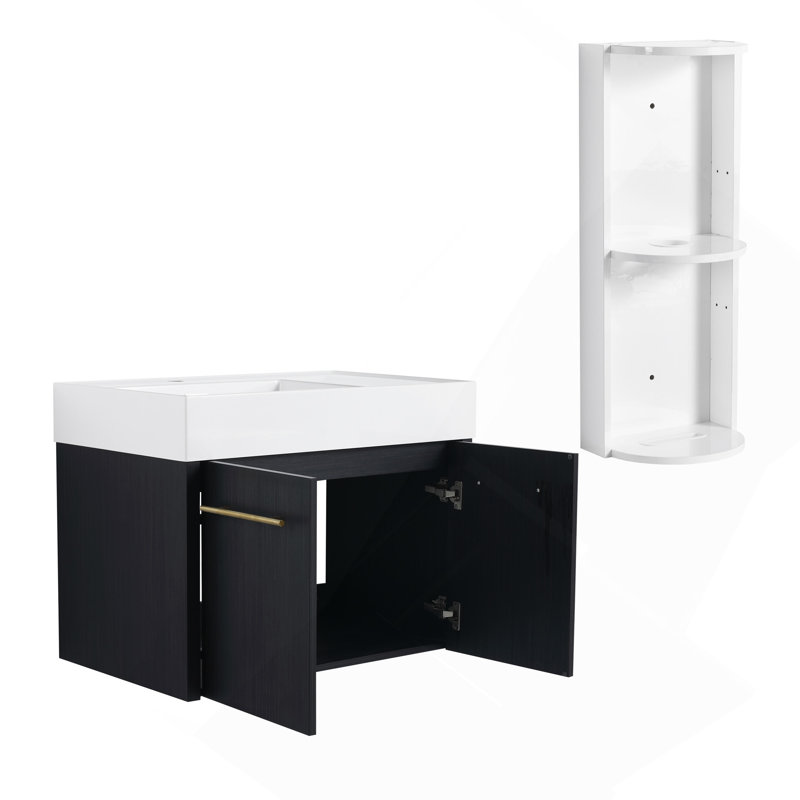Meuble-lavabo mural 30 po avec lavabo et support de rangement, cuve gauche en résine à bords épais