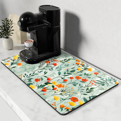 Coffee Mat, 17.5" x 29.5" Cute Coffee Bar Mats for Espresso Machine Station Accessories and Organizer, Hide Stain Rubber Backed Absorbent Dish Drying Pad for Kitchen Counter, Abstract Flowers