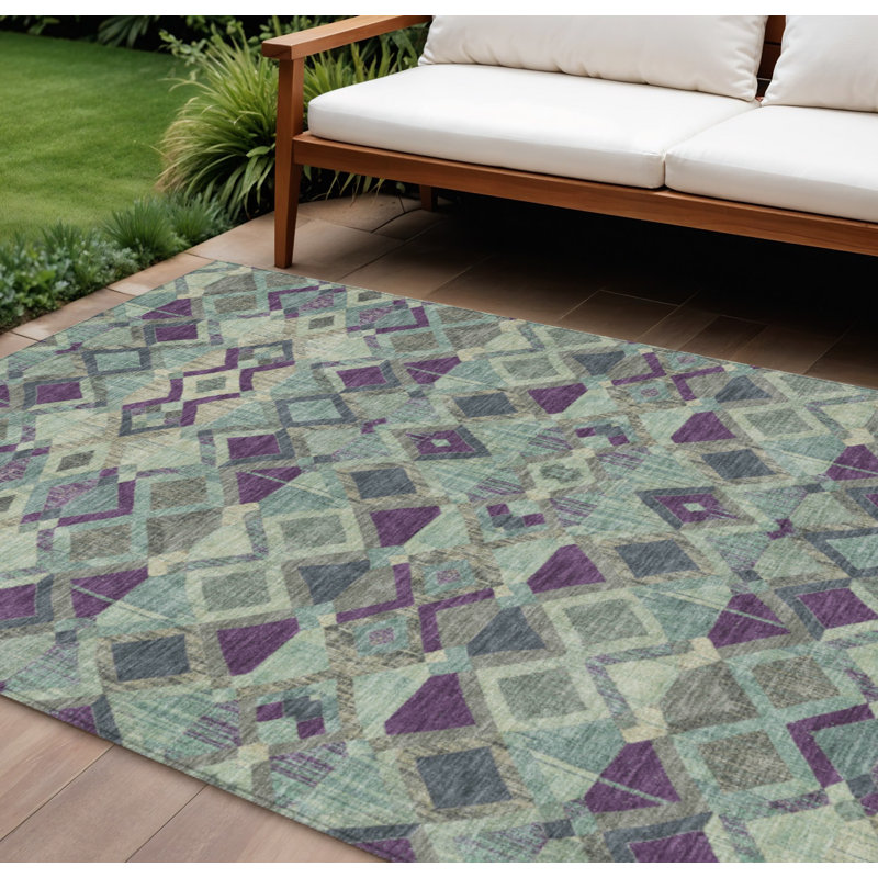 Tapis extérieur lavable géométrique bleu et mauve 9 pi x 12 pi