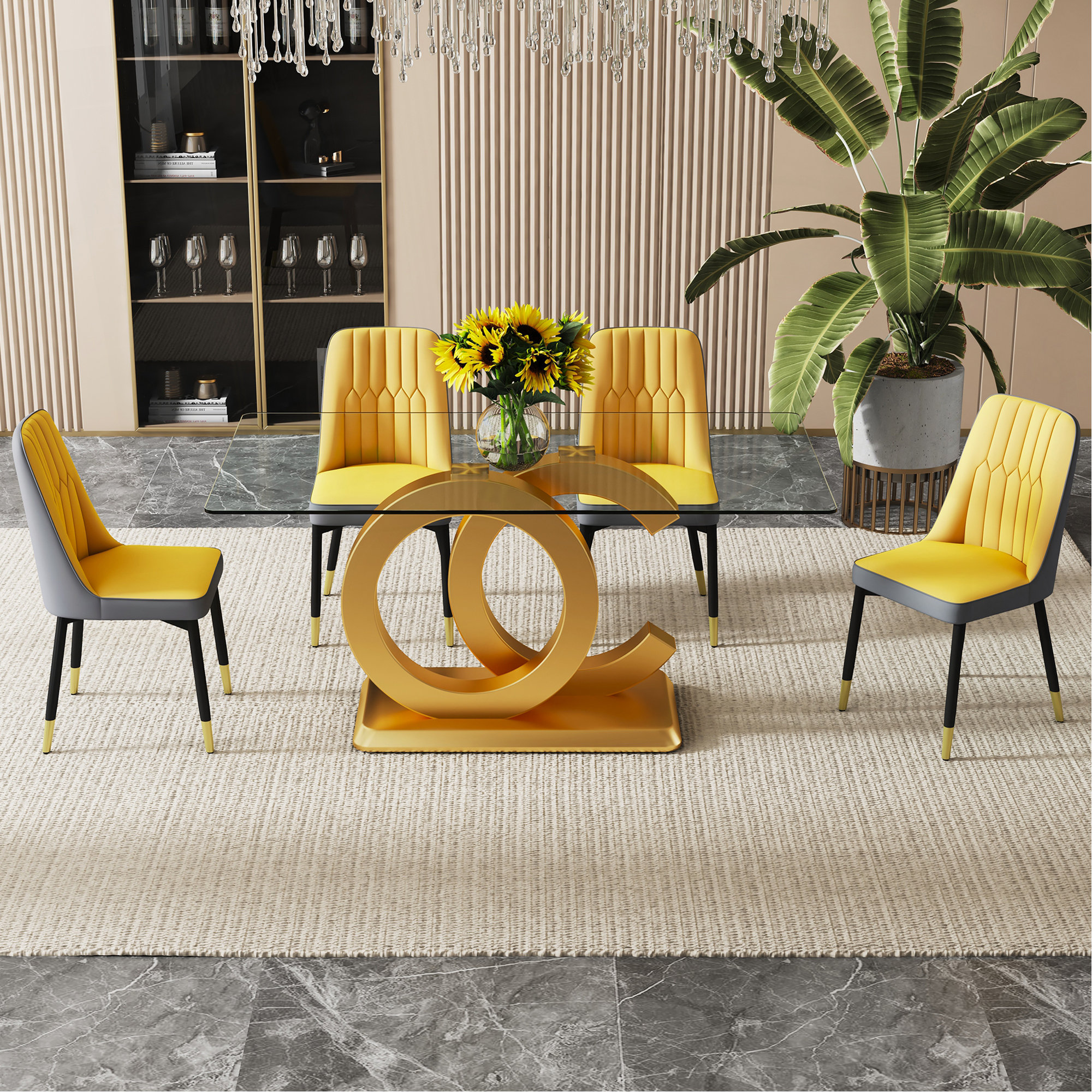 Mercer41 Modern Rectangular Glass Dining Table With Stylish Gold Base ...