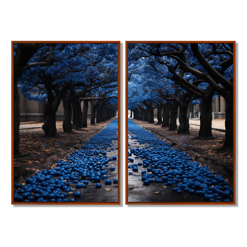 Arbre symétrique monochrome jaune et gris - art mural bleu, Brown, 36" H x 48" W, Impression encadrée flottante