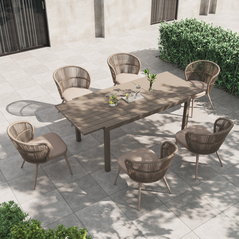 6 - Person Outdoor Stretchable Dining Set With Cushions, Flaxen/Beige/Beige