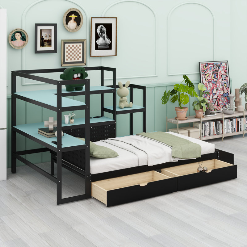 Modern Gaming Daybed with Integrated LED Lighting, Built-in Charging Station & Storage Drawers, Black+Blue